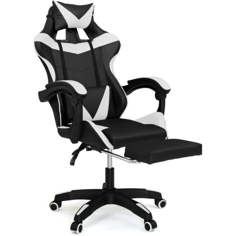 Verstellbarer ALEX Gaming-Stuhl mit Fußstütze, Kopf- und Lendenkissen Schwarz und Weiß