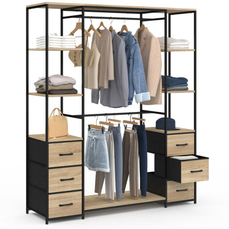 Ankleidezimmer mit doppeltem Kleiderschrank + doppelter Säule B. 140 cm UTAH mit 6 Regalen und 6 Behältern aus Stoff in Holz und (1/5)