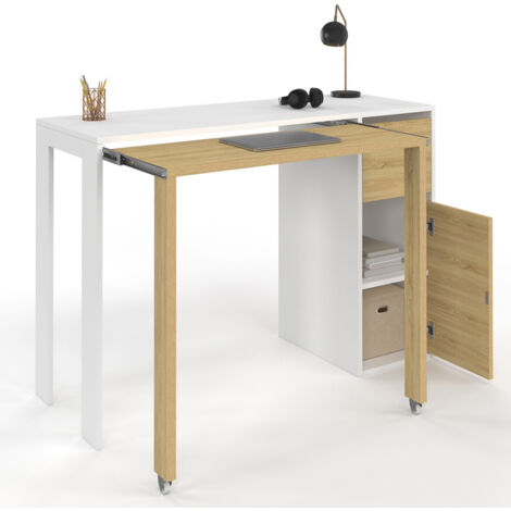 Ausziehbarer Schreibtisch RON mit Schubladensäule und Schrank in Weiß und Holz