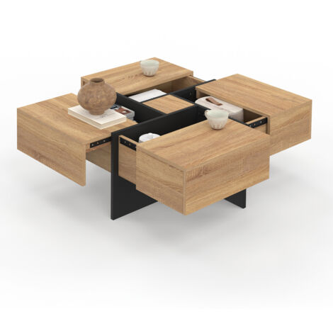 Quadratischer Couchtisch TALIA mit Schubladen aus Holz und Schwarz