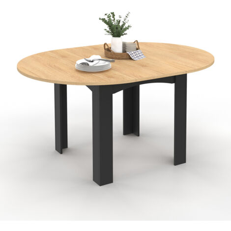 Table à manger extensible ronde DONA 4-6 personnes noire plateau façon hêtre 120-160 cm