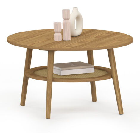 Couchtisch 70 cm HANAE rund Holz in Buchenoptik und Tischplatte mit natürlichem Effekt Rohrgeflecht