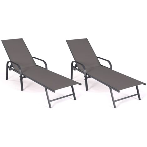 Set aus 2 verstellbaren Gartenliegen FIDJI aus anthrazitgrauem Stahl und grauem Tuch