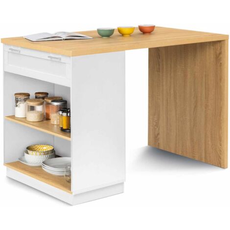 Zentralinsel mit Stehtisch für 4 Personen VITO 130 cm weiß und Holzplatte