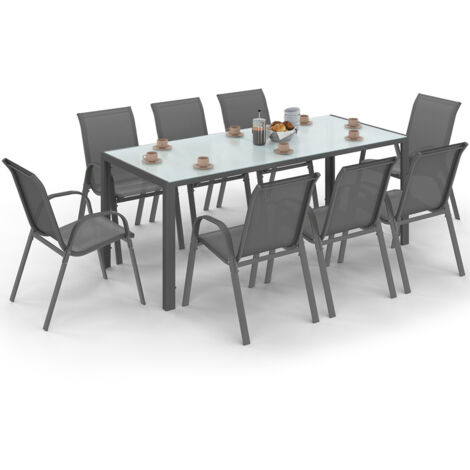 Gartenmöbel MADRID Tisch 190 CM und 8 stapelbare Stühle anthrazitgrau transparente Platte