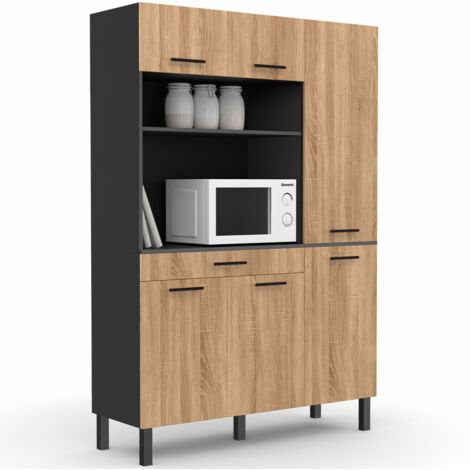Küchenbuffet mit Regalsäule 120 CM CINA 6 Türen + Schublade schwarz und Buchenholzoptik