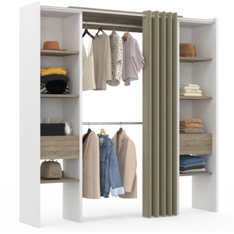 Doppeltes ausziehbares Ankleidezimmer MERYL 120/180 x 50 x 180 cm weiß mit Regalen aus Buche + doppelter Kleiderschrank + taupef