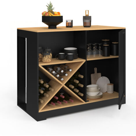 Insel-Bartisch VITO 113 cm mit Flaschenhalter aus schwarzem Holz und Tischplatte in Buchenholzoptik