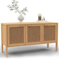 Niedriges Sideboard 110 cm EDHEN 3 Türen aus Holz und Rohrgeflecht
