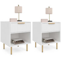 Lot de 2 tables de chevet MARCEL 1 tiroir avec niche effet lattes blanc et doré