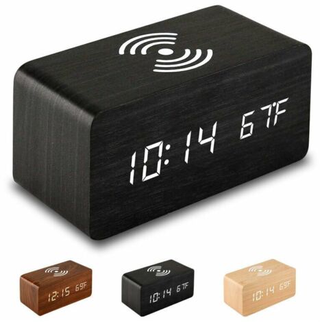 Sveglia Digitale In Legno Con LED – Ricaricabile USB, Termometro E Calendario – Per Camera Da Letto (Bamboo White)