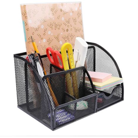 Organizer Da Scrivania In Metallo – 8 Portapenne E 1 Cassetto, 22x11x10.5 Cm, Antiscivolo, Nero, Per Ufficio E Casa