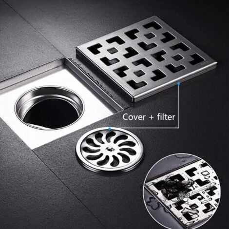 CCYKXA Siphon de douche carré brossé,30x30cm, siphon de sol en acier inoxydable avec grille amovible, passoire à cheveux, drain de douche de salle de bain