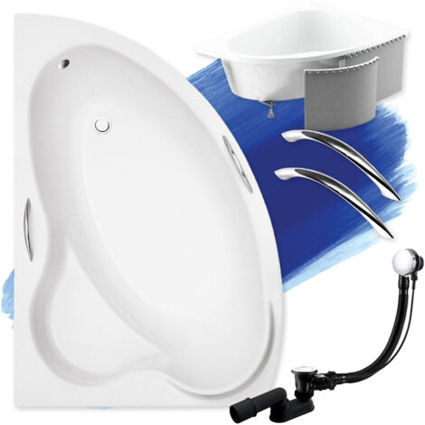 Baignoire Bain d'angle 140x90 Gauche avec des panneaux en polystyrène + poignée, Siphon de bain et pieds - Set 5en1 - Fabriqué en UE - BADLAND ADA