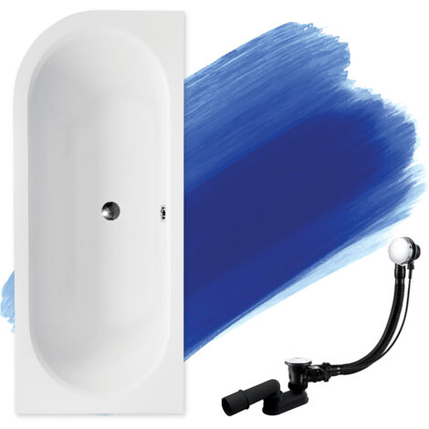Baignoire Bain d'angle 170x75 Droite + appui-tête + planche en bambou, Siphon de bain et pieds (support) - Set 5en1 - Fabriqué en UE - BADLAND AVITA