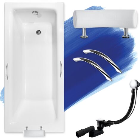 Baignoire Rectangulaire 170x75 + poignée + appui-tête, Siphon de bain et pieds (support) - Set 5en1 - Fabriqué en UE - BADLAND TALIA PREMIUM