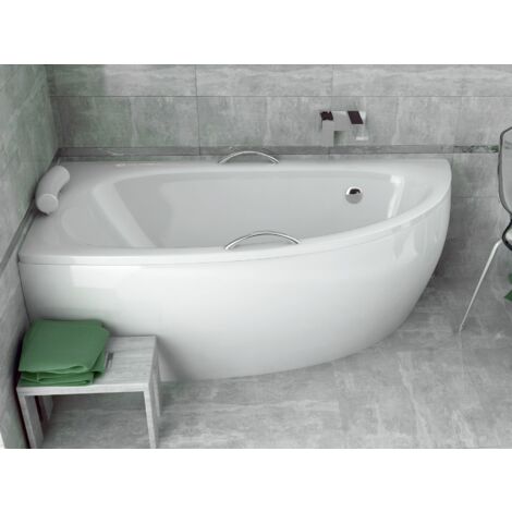 Baignoire Bain d'angle 150x70 Gauche avec tablier en acrylique + poignée + appui-tête, Siphon de bain et pieds - Set 6en1 - BADLAND MILENA PREMIUM