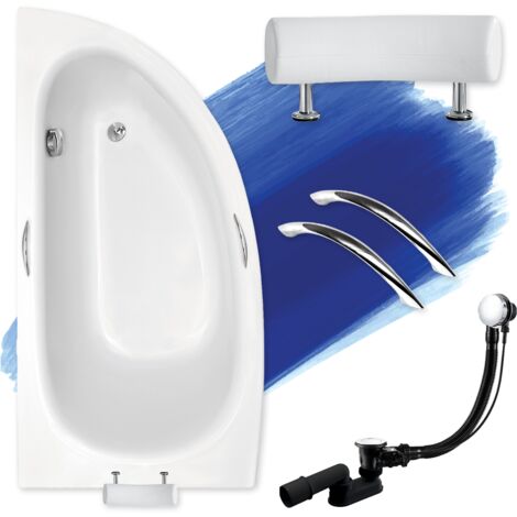 Baignoire Bain d'angle 150x70 Gauche + poignée + appui-tête, Siphon de bain et pieds (support) - Set 5en1 - Fabriqué en UE - BADLAND MILENA PREMIUM