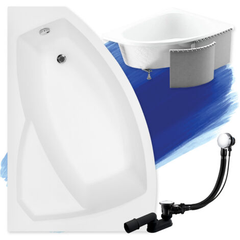 Baignoire Bain d'angle 140x90 Gauche avec des panneaux en polystyrène + appui-tête, Siphon de bain et pieds - Set 5en1 - Fabriqué en UE - BADLAND RIMA