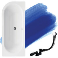 Baignoire Bain d'angle 160x75 Droite + appui-tête + planche en bambou, Siphon de bain et pieds (support) - Set 5en1 - Fabriqué en UE - BADLAND AVITA