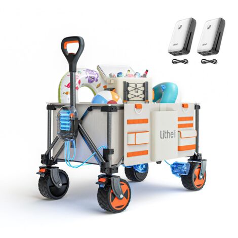 Outdoor-Wagen Elektrokarre Bollerwagen Faltbar, Handwagen Klappbar Doppelmotor mit Bremsen 150L 60KG Belastbar, Faltbollerwagen geeignet für Camping, Garten, Strand, Einkauf (Beige) Litheli