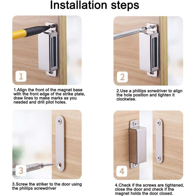 Lot 6 Loquets Magnétiques Porte - Force 13.6kg - Acier Inoxydable - Pour Armoires Et Placards