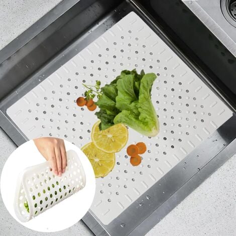 blanc Lot de 2 tapis de protection pour évier de cuisine en caoutchouc antidérapant durable, facile à nettoyer et à couper soi-même.