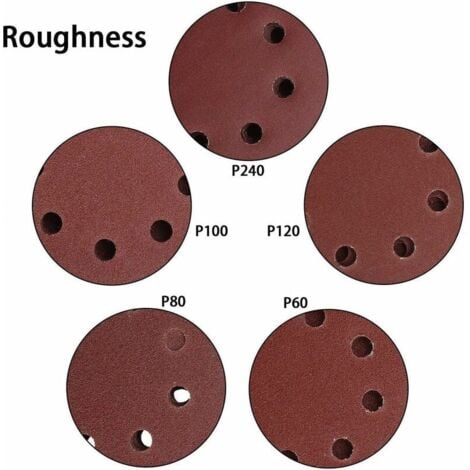 Lot de 100 pièces de papier abrasif pour Ponceuse Excentrique ，Ø 125 mm Disques Abrasifs de 60/80/100/120/240 gruau (20 disques par taille de grain)
