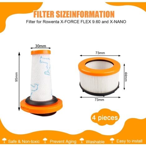 Filtre pour Rowenta X-FORCE FLEX 9.60, Filtres pour Rowenta X-FORCE FLEX 9.60 et X-NANO ESSENTIAL RH20xx, 2 Pré-Filtres + 2 Filtres Moteur, Filtres HEPA lavables pour ZR009010, ZR009012