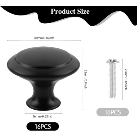 16 Pièces Noir Mat Tiroir de Porte,Boutons de Placard Noirs, 30mm Noir Rond Bouton de Meuble,Rond Poignée Cuisine Noir avec Vis pour Meubles Tiroirs Armoires Portes Salle de Bains Noir
