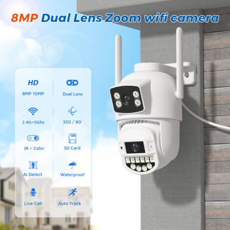 2.5K Camera Exterieur, avec Double Objectif, Camera De Surveillance Exterieur 8MP, Camera Surveillance WiFi 2.4/5G, Vision Nocturne Couleur 30m, Audio Bidirectionnel, Détection Humaine, IP66