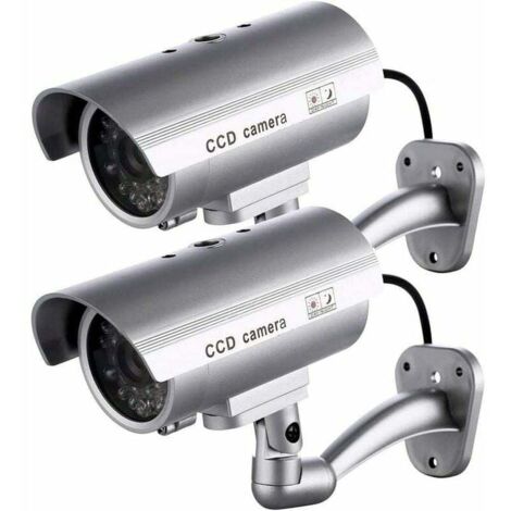 2 x Camera Factice  Caméra Extérieure Factice Pour une Utilisation Intérieure ou Extérieure Avec une Forme de Balle LED Clignotante Guazhuni（Argent）