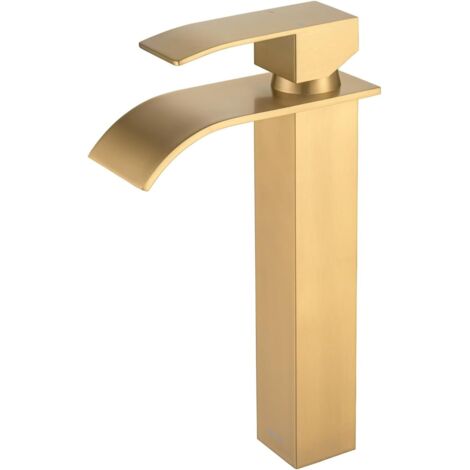 Robinet salle de bain lavabo haut cascade bec pour vasque,Mitigeur Doré pour Vasque, Robinettrie de Lavabo Haut, Mitigeur eau froide et chau moderne carré chromé trou simple (Doré) (1/5)