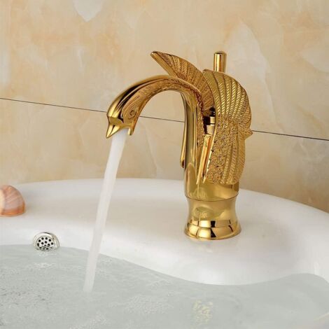 Robinet de lavabo en forme de cygne doré poli en laiton massif - Design rétro (1/5)