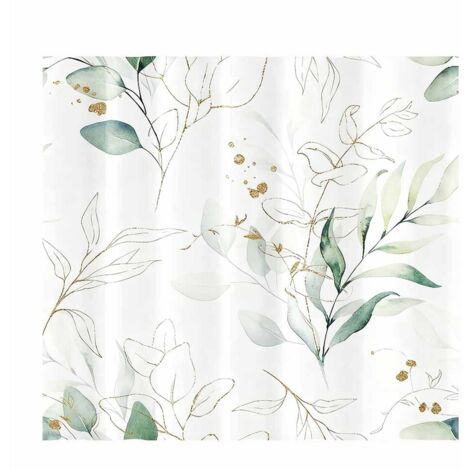 Rideau de douche anti-moisissures, 180x180 cm, vert à motif de feuilles d'eucalyptus dorées, en tissu polyester lavable et imperméable. (1/5)