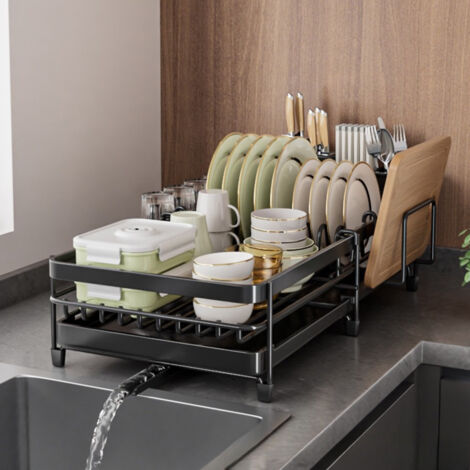 Support Planche à Découper Avec Bac D'Égouttage - Range Couvercles 16-34cm Noir - Organisation Cuisine