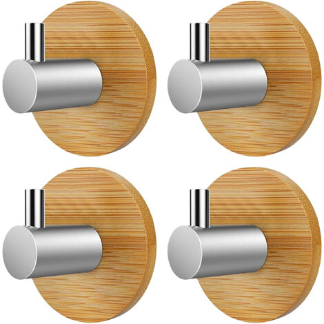 Crochets muraux en bois et bambou, lot de 4, crochets adhésifs, crochets à vêtements en bois, acier inoxydable et bambou, crochets à vêtements auto-adhésifs en bois, aucun perçage requis. (1/5)