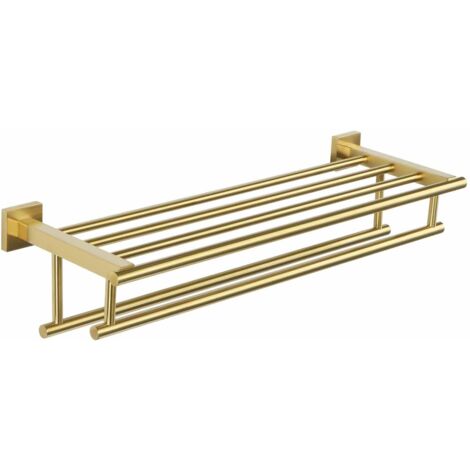 Porte-serviettes mural double barre avec étagères en acier inoxydable, convient aux cuisines et salles de bains, 40 cm de long, doré，Installation de forage
