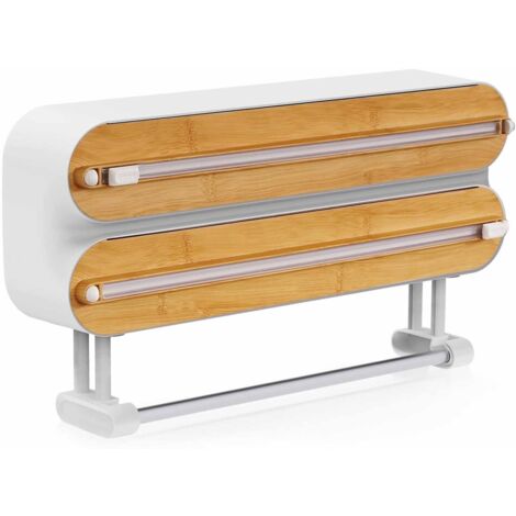 3 in 1 Derouleur Film Alimentaire avec Porte Sopalin Cuisine, Distributeur Film Alimentaire, Magnétique Distributeur Papier Aluminium et Film avec Coupeur (Couleur Bambou et Bois) (1/5)