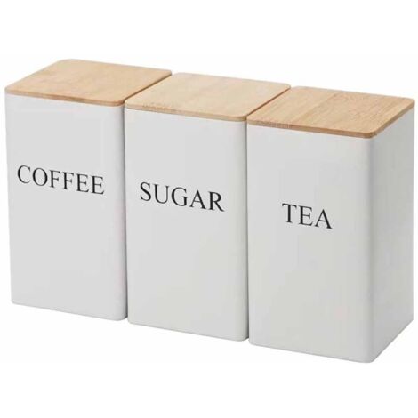 Lot de 3 boîtes à thé, café et sucre en métal de 1 000 ml avec couvercle hermétique en bambou décoratif pour votre thé, sucre, café préféré (blanc) (1/5)