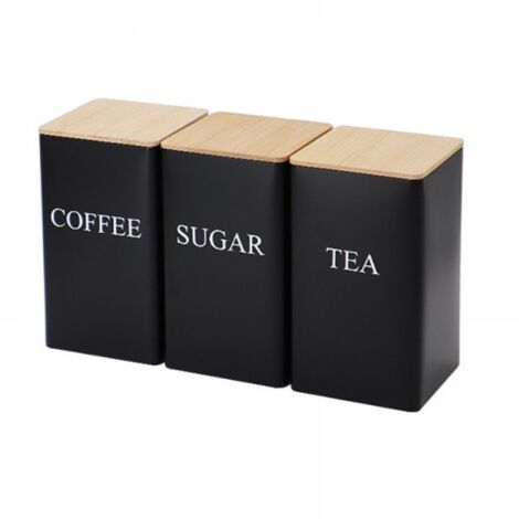 Lot de 3 boîtes à thé, café et sucre en métal de 1 000 ml avec couvercle hermétique en bambou décoratif pour votre thé, sucre, café préféré (noir) (1/5)