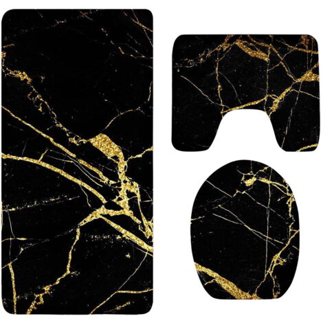 Ensemble de trois pièces noir et or pour la salle de bain, comprenant un tapis de bain et une housse de siège de toilette, idéal pour un usage quotidien. (1/5)