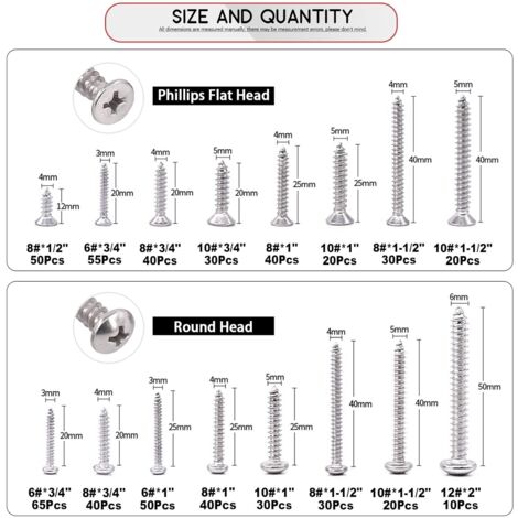 Swpeet 435Pcs 3 tipi # 6# 8# 10 SAE 304 in acciaio inox testa rotonda e Phillips testa piatta viti in lamiera autofilettanti Viti per legno con testa a capriata in acciaio