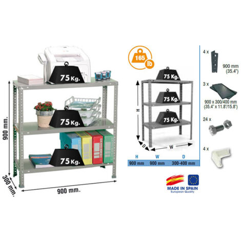 Simonrack – Étagère de rangement métal 900x900x300 mm – 3 niveaux – Charge 75 kg – Montage indépendant – Fabriqué en Europe – Garantie 5 ans
