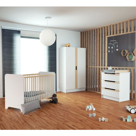 Commode 3 tiroirs avec plan à langer AT4 Carrousel Blanc et hêtre