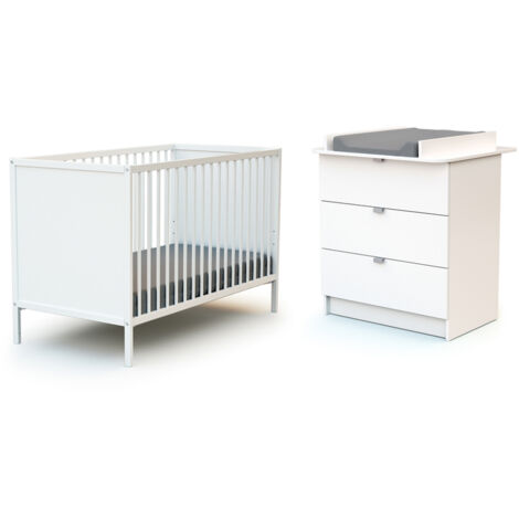 Les Tendances – Lit bébé 60x120 avec commode 3 tiroirs et plan à langer – Panneaux agglomérés mélaminés – Dimensions lit 124x64,5x82 cm – Dimensions commode 79x49x86,5 cm