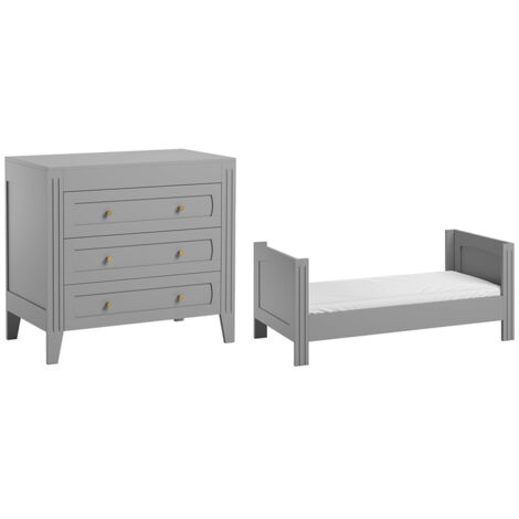Lit bébé évolutif et commode 3 tiroirs Vox Milenne Gris