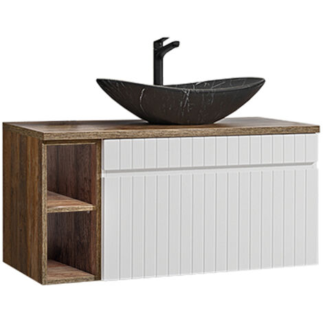 Meuble simple vasque 100cm 2 niches Zelie Blanc Bois et Noir (1/5)