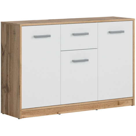 Buffet De Cuisine 3 Portes + 1 Tiroir – Blanc Artik & Chêne Canadien, Espace Micro-ondes, Rangement Optimisé 108x126x40 Cm