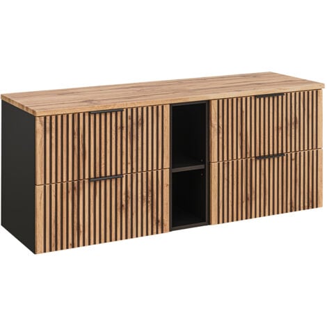 Meuble double vasque 140cm 2 niches Gaia Bois et Noir - Vasque Noir